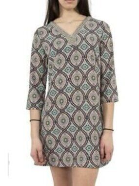 Molly Bracken medallion V-neck beaded tunic top or mini dress Medium